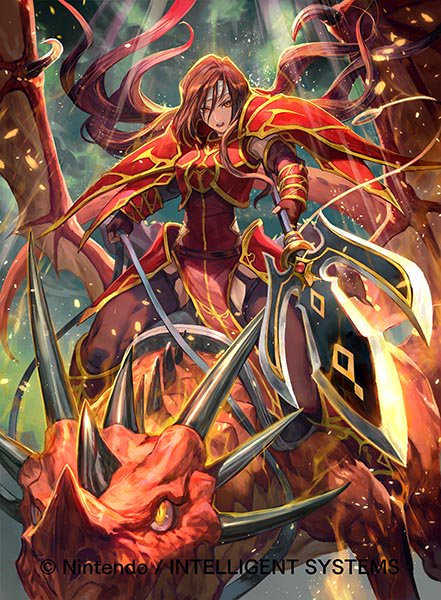 1girl, altenna_(fire_emblem), armor, boots, cape, company_name, dragon, fingerless_gloves, fire_emblem, fire_emblem:_seisen_no_keifu, fire_emblem_cipher, gloves, headband, long_hair, official_art, open_mouth, orange_eyes, polearm, rain, solo, spear, teeth, very_long_hair, weapon, wings, yellow_eyes
