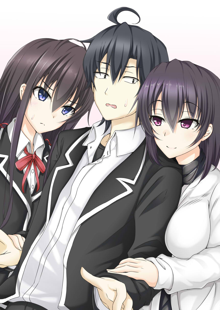 1boy, 2girls, ahoge, arm_grab, bangs, black_jacket, blush, breasts