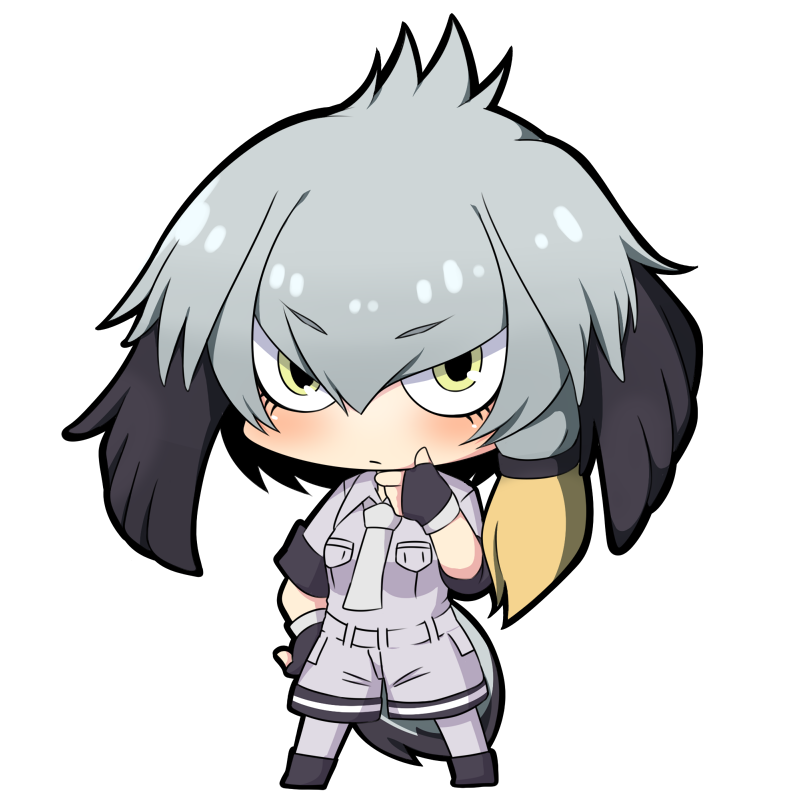 >:/, 1girl, :/, bangs, bird_tail, black_gloves, black_hair, blush