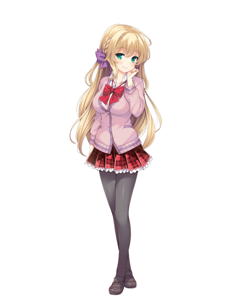 1girl, absurdres, black_legwear, blonde_hair, braid, cardigan, girlfriend_(kari), green_eyes