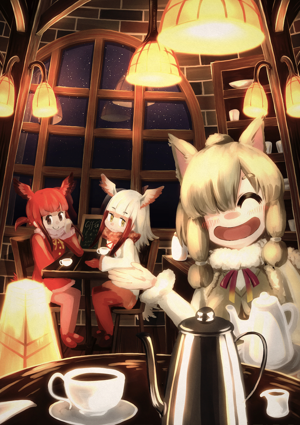 3girls, alpaca_ears, alpaca_girl, alpaca_suri, animal_ears, artist_request, bird, bird_ears