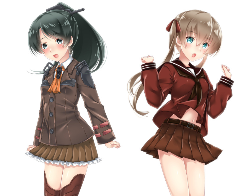 2girls, alternate_costume, alternate_hairstyle, ascot, baretto, black_hair, blue_eyes, brown_hair, clenched_hands, commentary_request, cosplay, costume_switch, hair_ornament, hair_ribbon, hairclip, highres, kantai_collection, kumano_(kantai_collection), kumano_(kantai_collection)_(cosplay), long_hair, mikuma_(kantai_collection), mikuma_(kantai_collection)_(cosplay), miniskirt, multiple_girls, open_mouth, pleated_skirt, ponytail, ribbon, school_uniform, serafuku, skirt, thigh-highs
