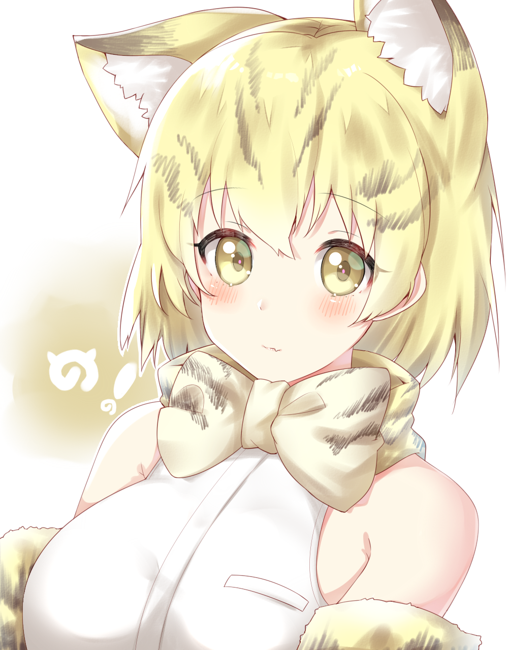 !, 1girl, animal_ears, bangs, bare_shoulders, blonde_hair, blush, bow, bowtie, breasts, cat_ears, closed_mouth, elbow_gloves, eyebrows_visible_through_hair, fang, fang_out, gloves, highres, kemono_friends, looking_at_viewer, multicolored_hair, negino_ki, serval_(kemono_friends), serval_ears, short_hair, sleeveless, solo, streaked_hair, upper_body, white_background, yellow_eyes