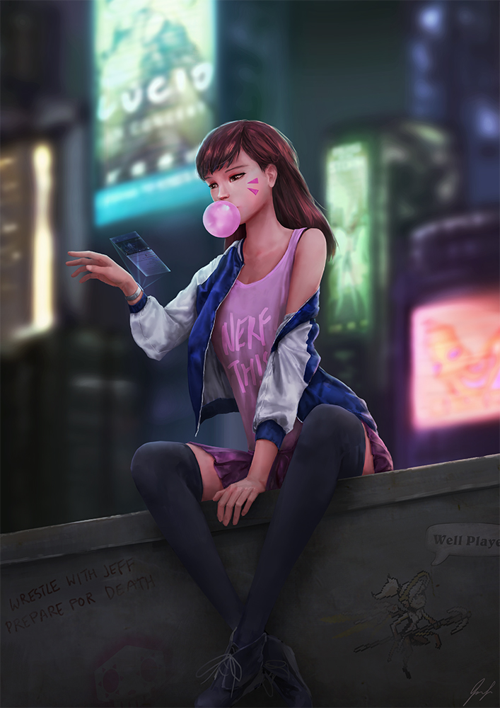 1girl, arm_support, augmented_reality, between_legs, black_legwear, brown_hair, bubble_blowing, cameo