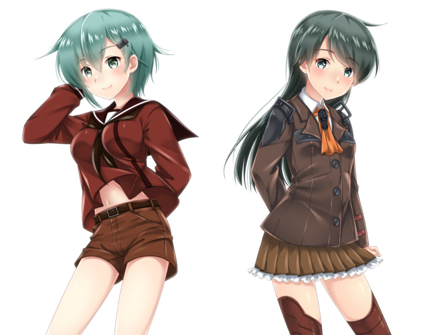 alternate_costume, alternate_hairstyle, bangs, baretto, black_hair, blazer, blush, breast_envy, breasts, brown_eyes, brown_legwear, brown_skirt, commentary_request, cosplay, green_eyes, green_hair, hair_flip, hair_ornament, hairclip, jacket, kantai_collection, long_hair, long_sleeves, looking_at_viewer, medium_breasts, midriff, mogami_(kantai_collection), mogami_(kantai_collection)_(cosplay), neckerchief, school_uniform, serafuku, shirt, short_hair, shorts, simple_background, skirt, small_breasts, smile, suzuya_(kantai_collection), suzuya_(kantai_collection)_(cosplay), swept_bangs, thigh-highs, white_background