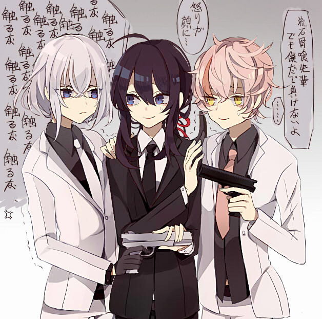 2333, 3boys, ahoge, black_gloves, black_hair, blonde_hair, boy_sandwich, formal