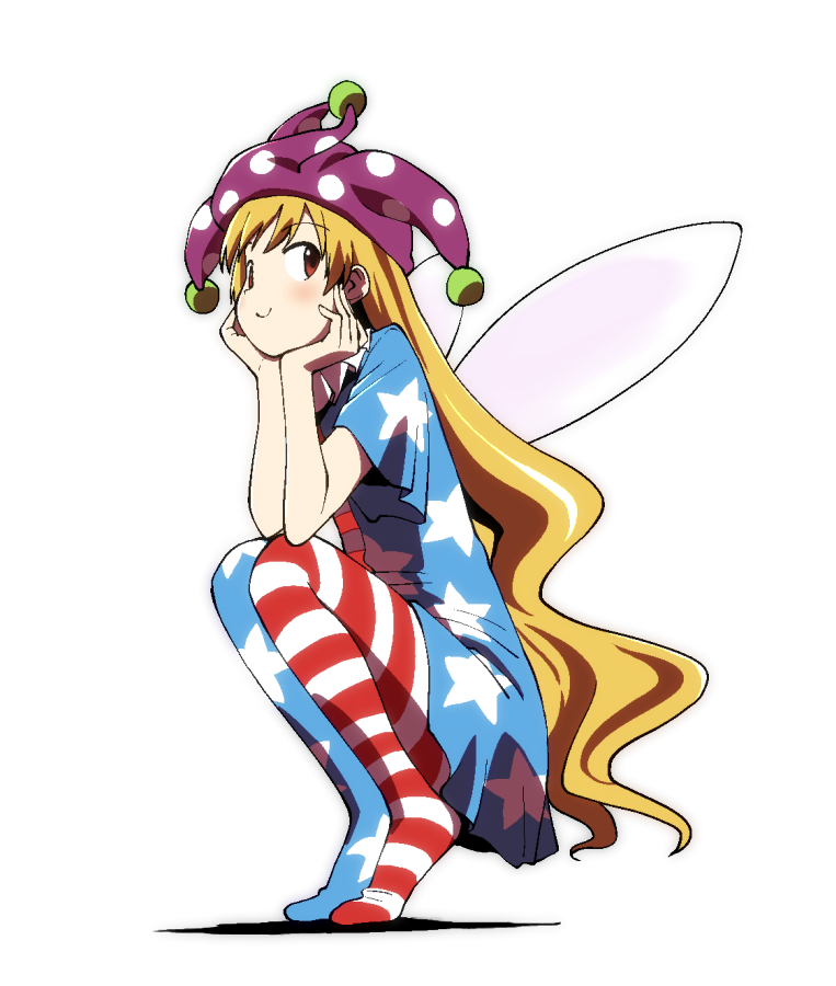 1girl, american_flag_dress, american_flag_legwear, blonde_hair, chin_rest, clownpiece, dress, duntv, fairy_wings, full_body, hat, jester_cap, long_hair, looking_at_viewer, neck_ruff, pantyhose, polka_dot, red_eyes, short_dress, short_sleeves, simple_background, smile, solo, squatting, star, star_print, striped, touhou, very_long_hair, white_background, wings