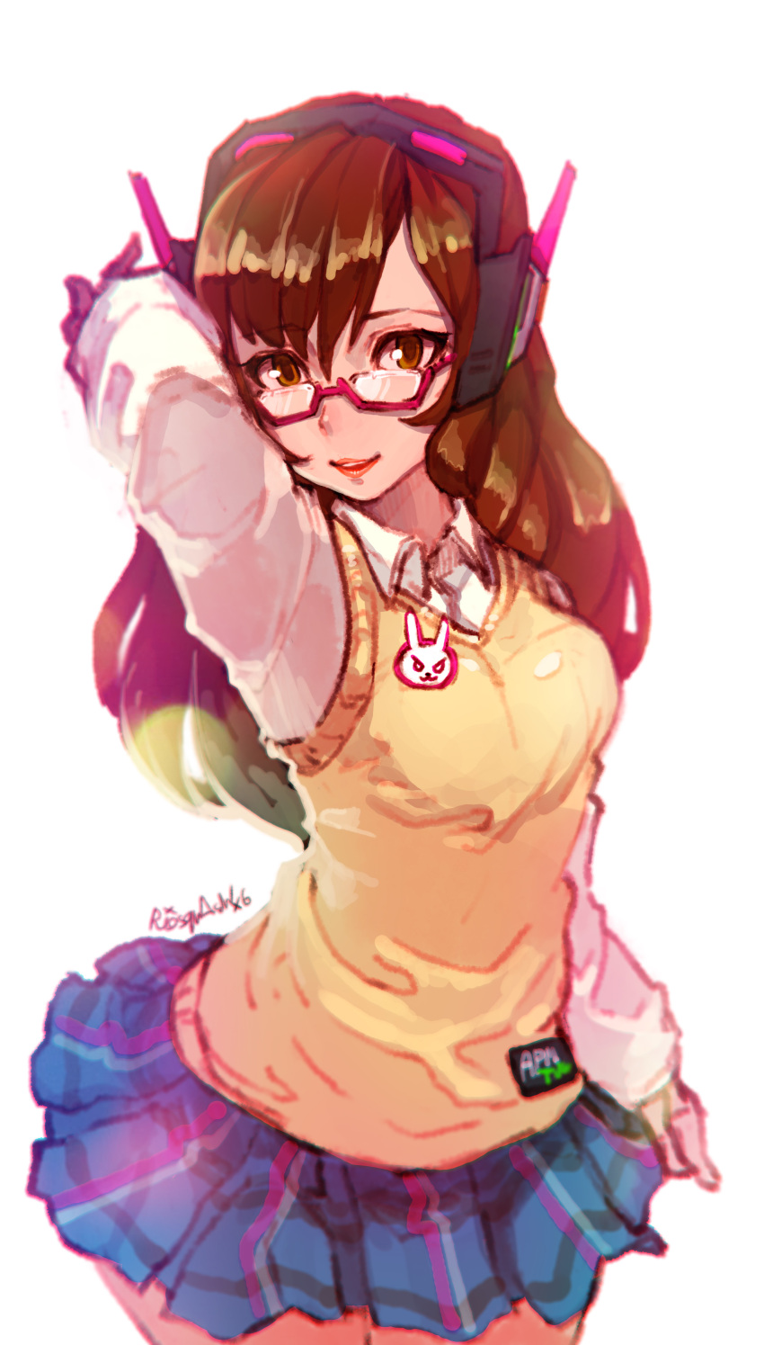 1girl, absurdres, arm_behind_head, arms_up, bangs, blue_skirt, brown_eyes, brown_hair