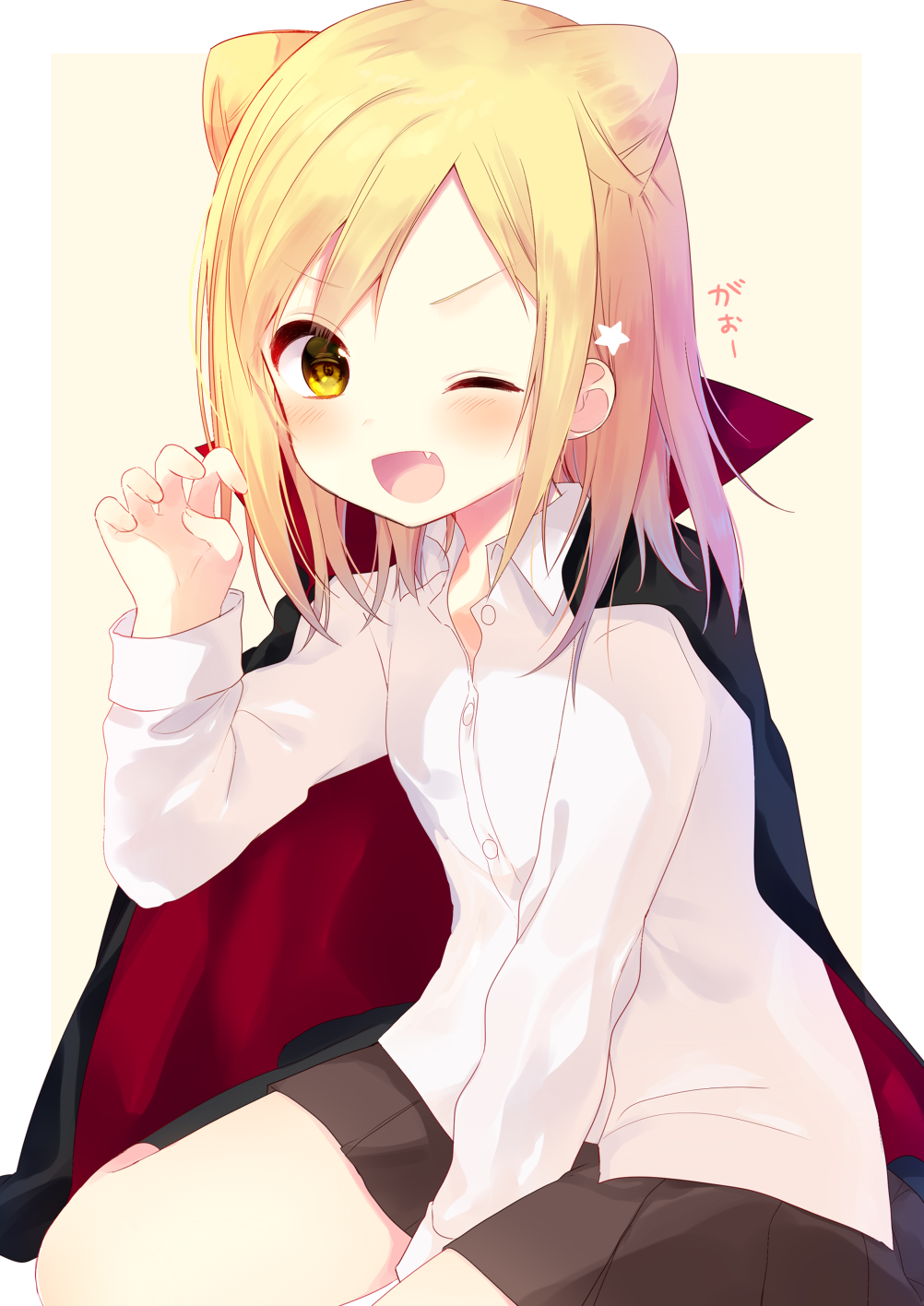 >;d, 1girl, ;d, bangs, between_legs, black_cape, black_legwear, blonde_hair