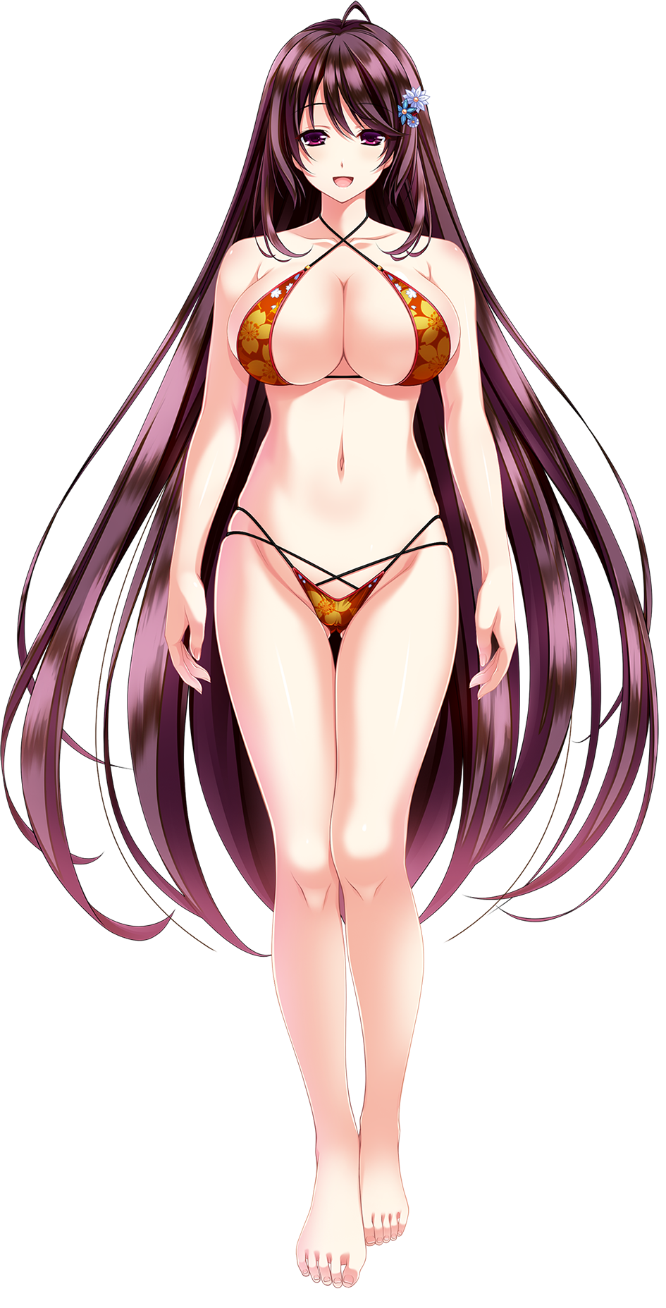 1girl, amasaka_takashi, bare_shoulders, barefoot, bikini, breasts, brown_hair, cleavage