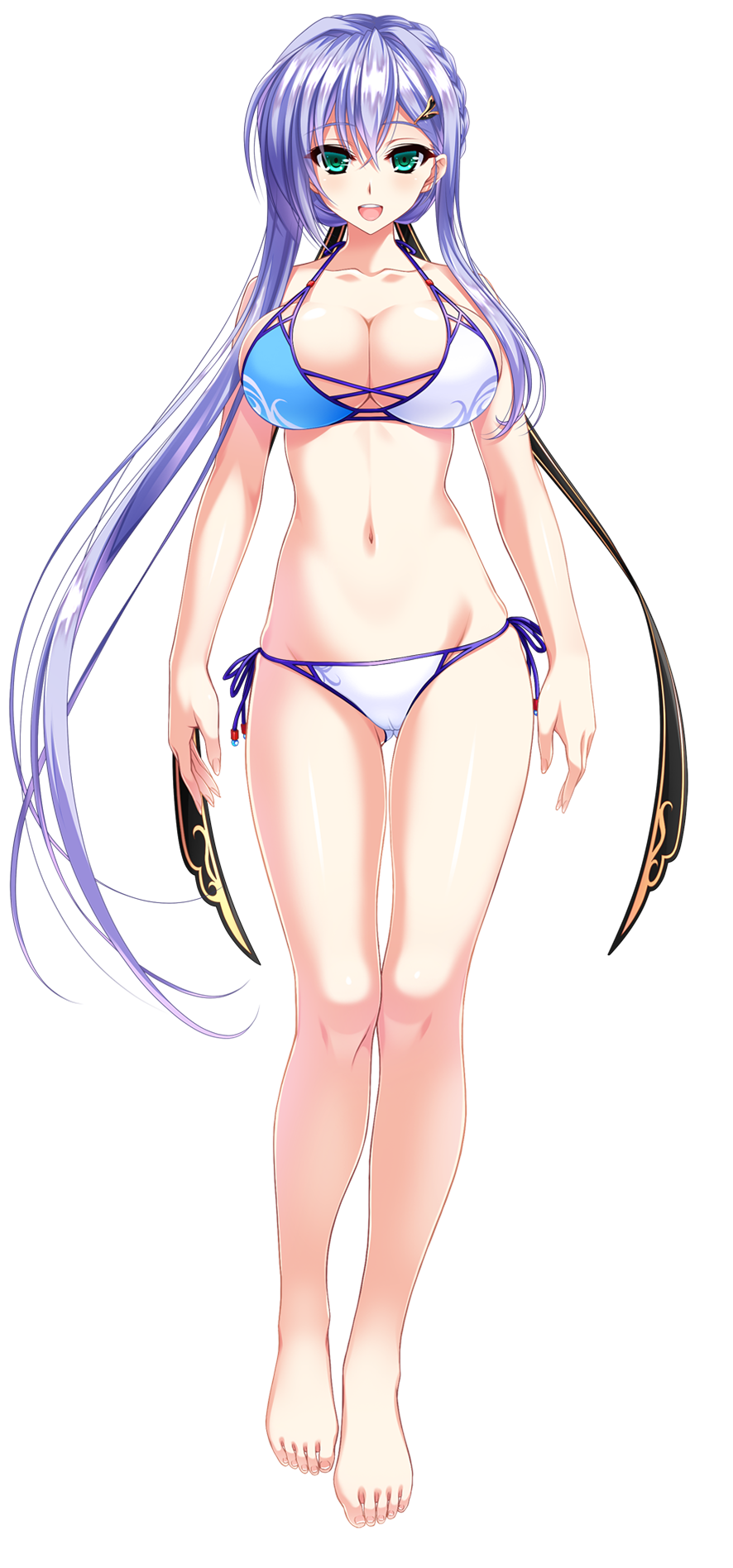 1girl, amasaka_takashi, aqua_eyes, bare_shoulders, barefoot, bikini, breasts, cleavage