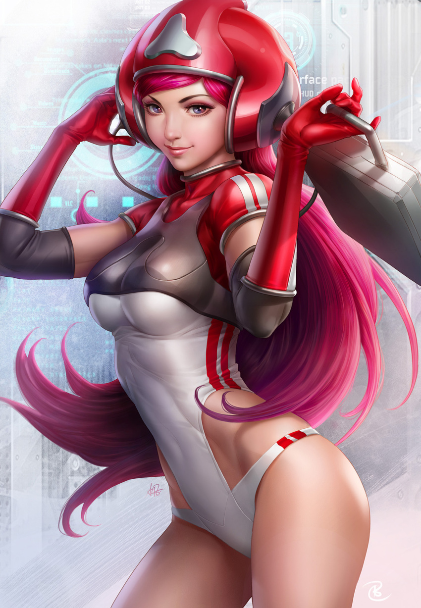 1girl, arms_up, bodysuit, breasts, briefcase, closed_mouth, collaboration, colored, contrapposto, covered_navel, derivative_work, elbow_gloves, eyelashes, gloves, headphones, helmet, highres, holding, holding_briefcase, john_law_bc, leotard, lips, long_hair, looking_at_viewer, medium_breasts, nose, original, pepper_project, pink_hair, red_gloves, short_sleeves, signature, solo, standing, stanley_lau, turtleneck, white_leotard
