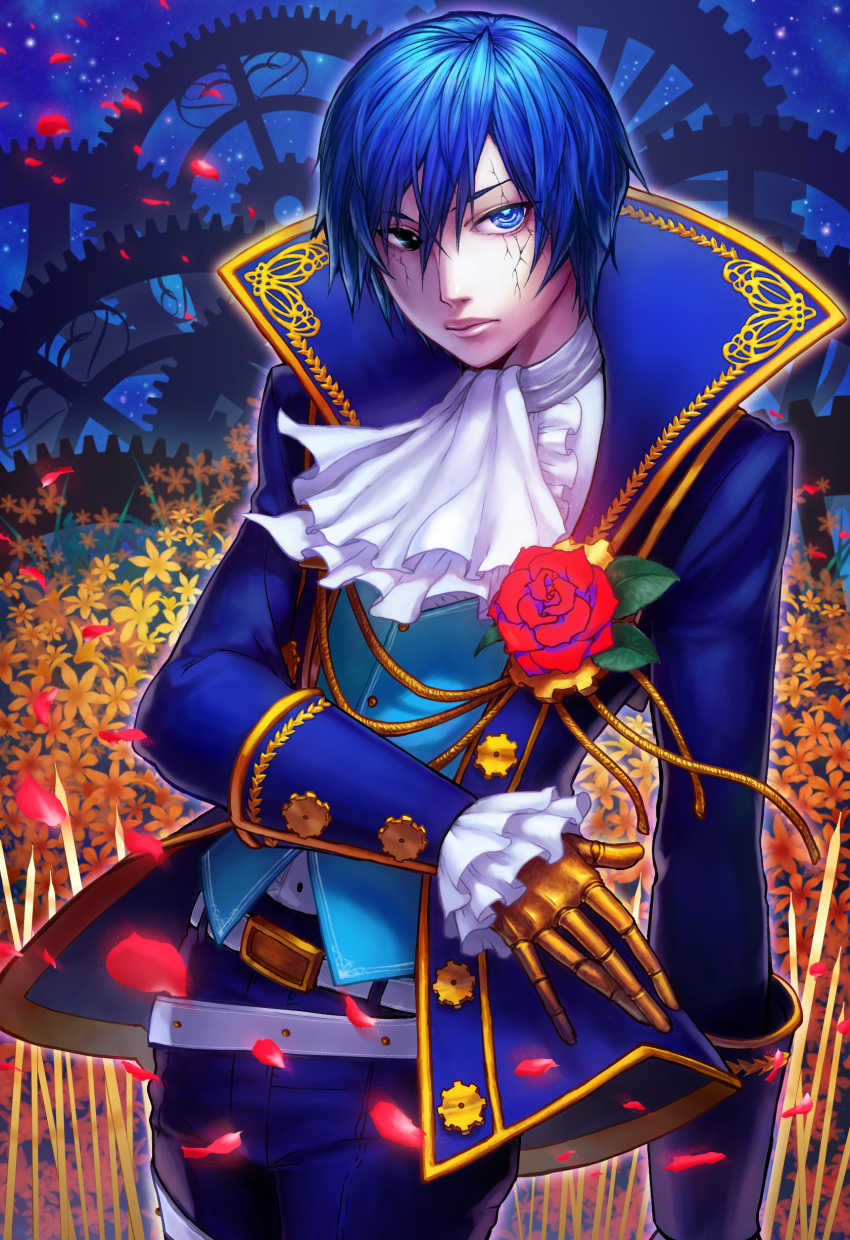 1boy, absurdres, belt, blue_eyes, blue_hair, closed_mouth, cracked_skin, cravat