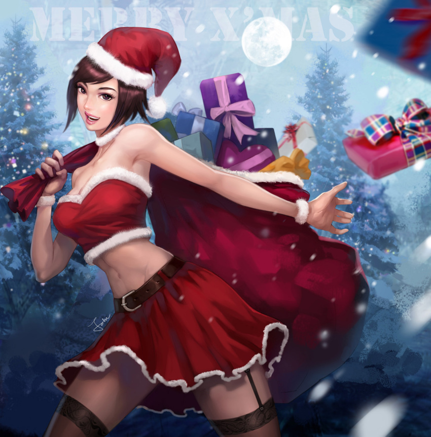 1girl, armpits, belt, black_legwear, breasts, brown_eyes, brown_hair, buckle, choker, christmas, christmas_lights, christmas_tree, cleavage, crop_top, full_moon, garter_straps, gift, grin, hat, highres, holding, john_law_bc, large_breasts, lips, looking_at_viewer, merry_christmas, midriff, moon, navel, original, parted_lips, red_skirt, sack, santa_costume, santa_hat, shiny, shiny_hair, short_hair, skirt, smile, snowing, solo, teeth, text, white_choker