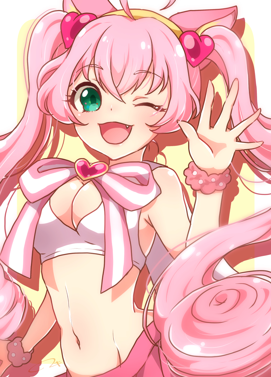 1girl, ;), animal_ears, bow, breasts, cat_ears, cleavage, cleavage_cutout