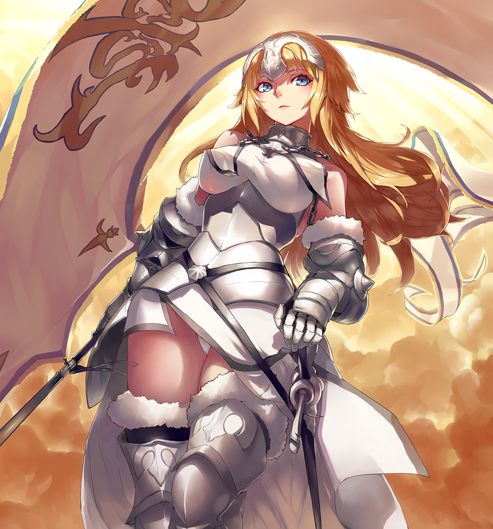 1girl, bare_shoulders, blonde_hair, blue_eyes, ceda_(dace), chains, cowter, fate_(series), fur_trim, gauntlets, gorget, hand_on_hilt, long_hair, looking_to_the_side, panties, pantyshot, sheath, solo, standard_bearer, sword, thigh-highs, underwear, weapon