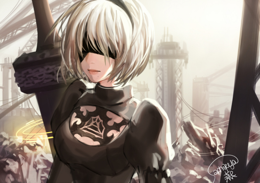 1girl, bangs, black_dress, blindfold, breasts, closed_mouth, dress, hairband