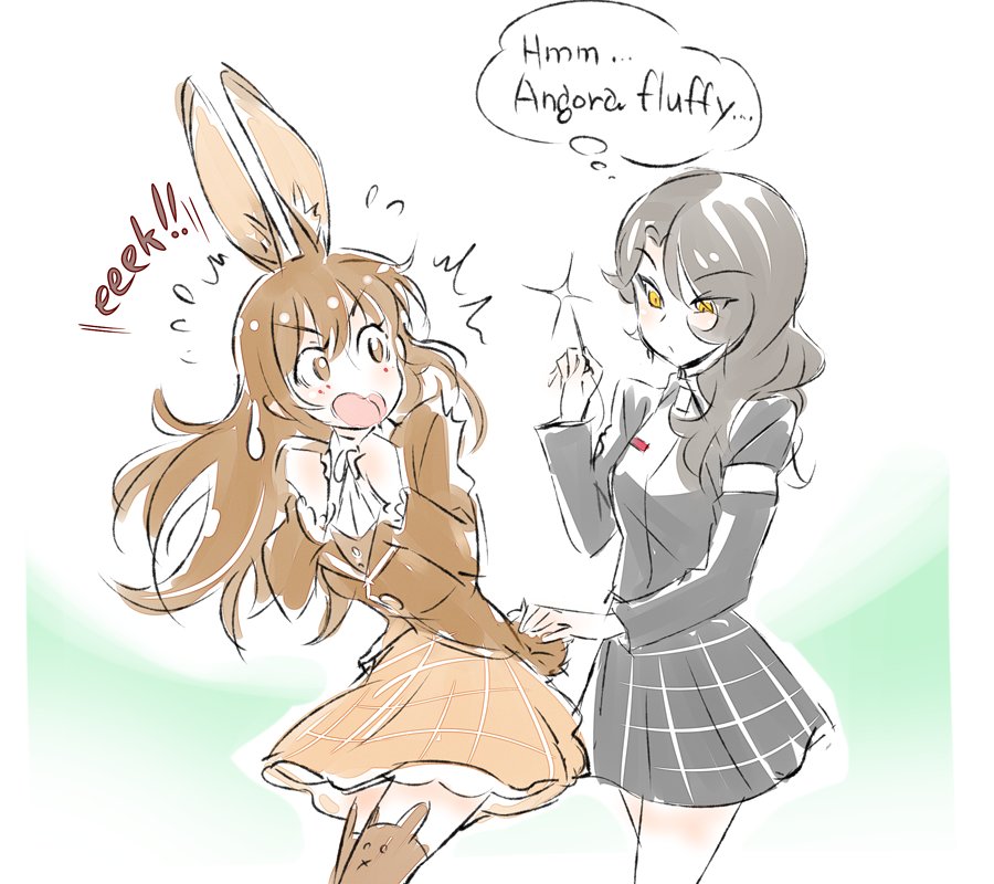 2girls, animal_ears, black_hair, brown_eyes, brown_hair, bunny_girl, bunny_tail, cinder_fall