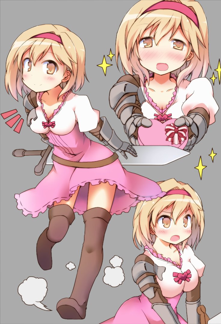 1girl, blonde_hair, djeeta_(granblue_fantasy), dress, female, fighter_(granblue_fantasy), gauntlets, granblue_fantasy