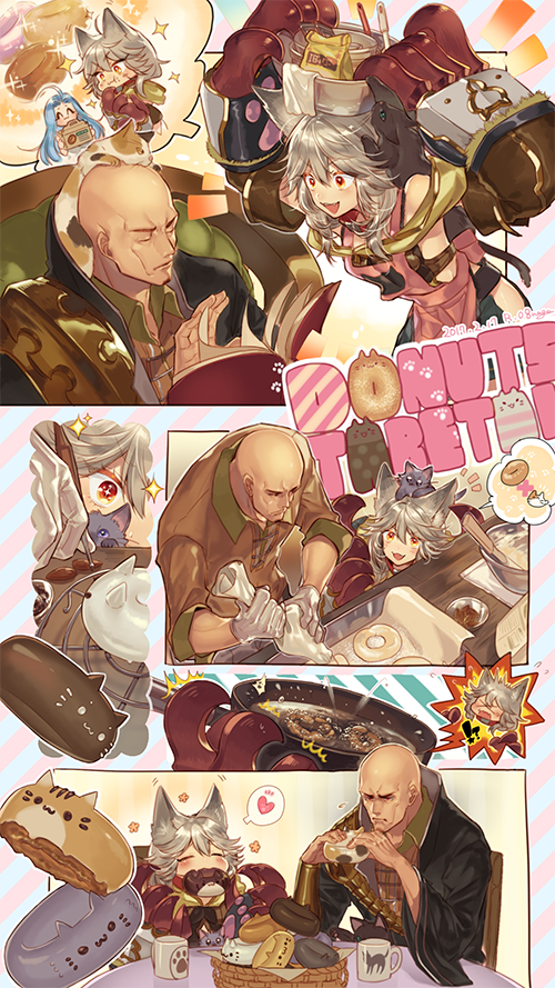 1boy, 1girl, animal_ears, apron, bald, bangs, claw_(weapon), claws