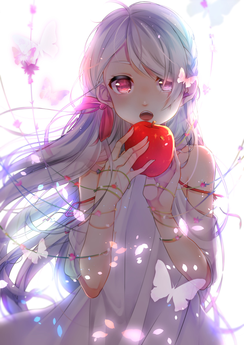 1girl, absurdres, ahoge, apple, arm_ribbon, artist_request, background_lightning, bangs