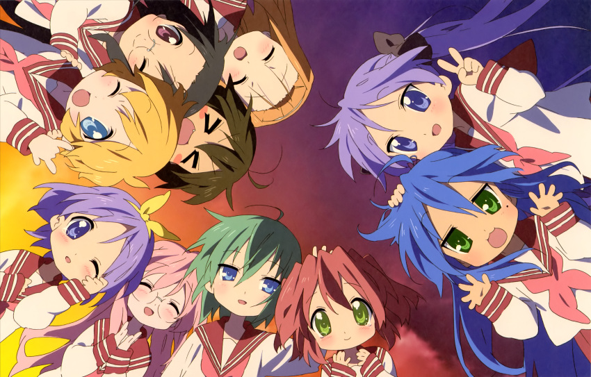 6+girls, black_hair, blonde_hair, blue_eyes, blue_hair, brown_hair, closed_eyes, glasses, green_eyes, green_hair, hair_bow, headband, hiiragi_kagami, hiiragi_tsukasa, hiyori, izumi_konata, long_hair, long_twintails, lucky_star, martin_patricia, minami_iwasaki, misao_kusakabe, miyuki_tamura, open_mouth, orange_hair, pink_hair, purple_hair, redhead, ribbon, school_uniform, seifuku_scan, short_hair, smile, tagme, v, violet_eyes, wallpaper, winking
