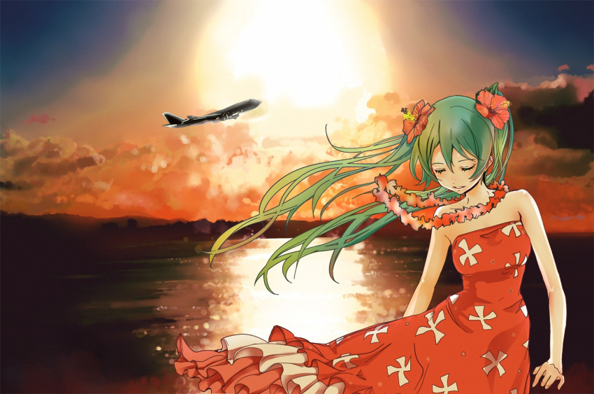 1girl, airline, arms_out, closed_eyes, dress, female_focus, gradient_hair, hatsune_miku