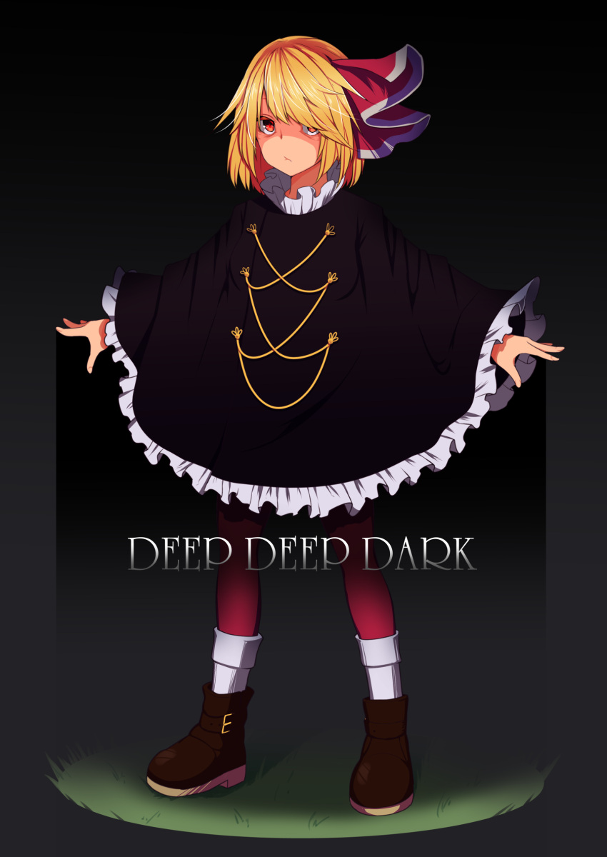 1girl, alternate_costume, blonde_hair, dark, english, expressionless, frills, hair_ribbon