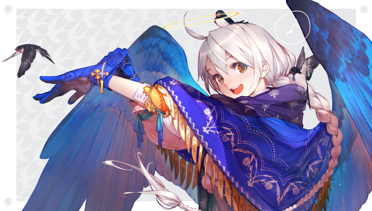 1girl, :d, ahoge, animal, animal_on_hand, animal_on_head, bird, bird_on_hand, bird_on_head, blue_gloves, blue_wings, blush, braid, brown_eyes, cape, eyebrows_visible_through_hair, feathered_wings, from_behind, gloves, hair_between_eyes, halo, hands_up, long_hair, looking_at_viewer, looking_back, musical_note, on_head, open_mouth, original, quaver, round_teeth, scarf, shirt, single_braid, smile, solo, sparrow, spoken_musical_note, spread_wings, suzume_yuu, teeth, upper_body, very_long_hair, white_hair, wings
