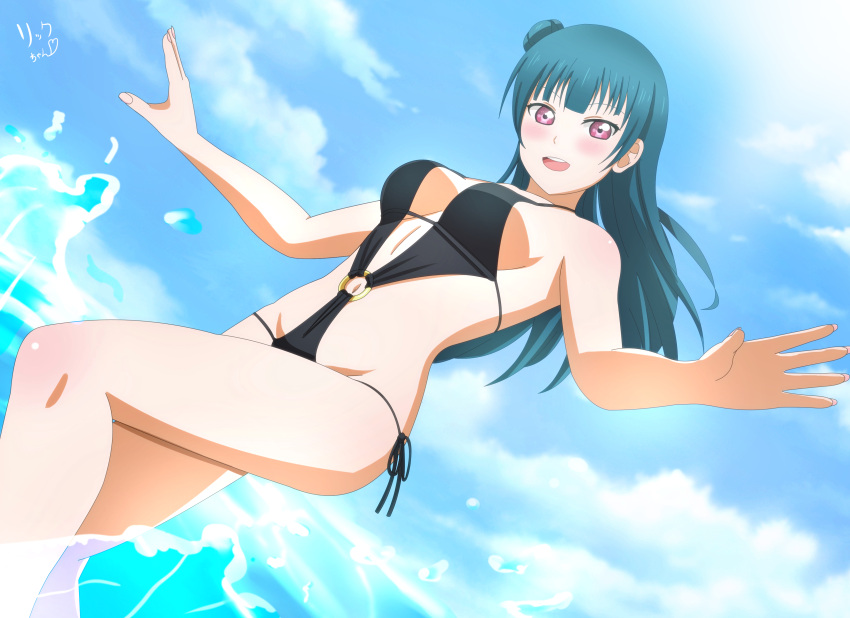 1girl, absurdres, bangs, bikini, blue_hair, blue_sky, blush, clouds