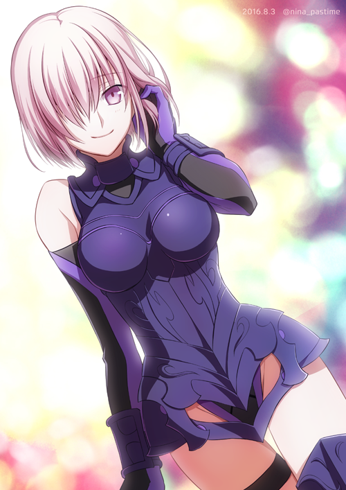 1girl, 2016, adjusting_hair, armor, armored_dress, bangs, bare_shoulders, blurry