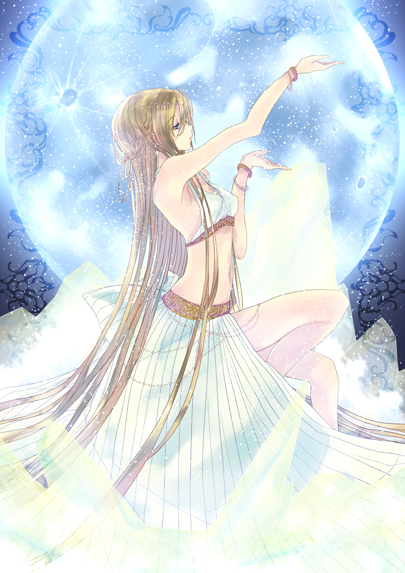 1girl, absurdly_long_hair, akino_subaru, arm_up, armpits, blue_eyes, bra, bracelet
