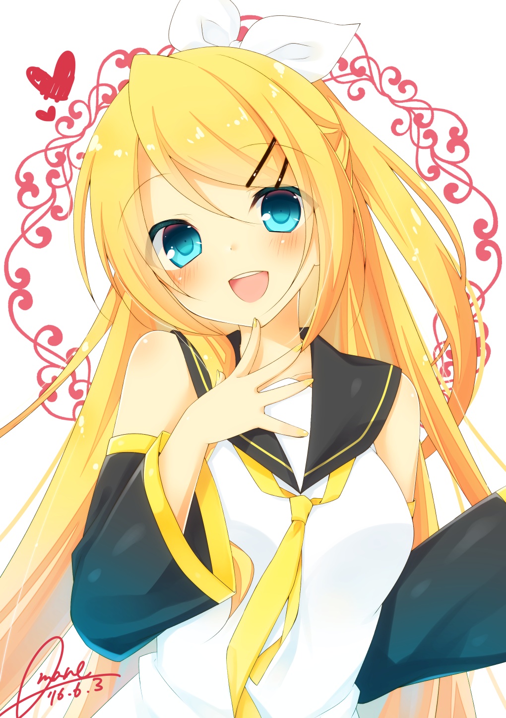 1girl, 2016, alternate_breast_size, alternate_hair_length, alternate_hairstyle, amane_(amnk1213), blonde_hair, blue_eyes, blush, bow, breasts, dated, detached_sleeves, finger_to_chin, future_style_(module), hair_bow, hair_ornament, hairclip, heart, highres, kagamine_rin, large_breasts, long_hair, nail_polish, necktie, older, open_mouth, project_diva_(series), project_diva_f, sailor_collar, signature, smile, solo, very_long_hair, vocaloid, yellow_nails