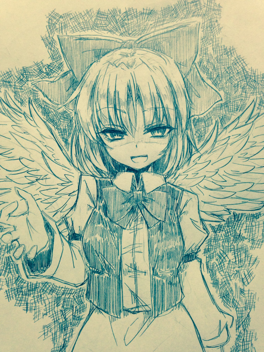 1girl, bangs, bow, bowtie, collared_shirt, commentary_request, cowboy_shot, efukei, eyebrows_visible_through_hair, feathered_wings, gengetsu, hair_between_eyes, hair_bow, highres, juliet_sleeves, long_sleeves, looking_at_viewer, monochrome, open_mouth, puffy_sleeves, shaded_face, shirt, smile, solo, touhou, touhou_(pc-98), traditional_media, wings