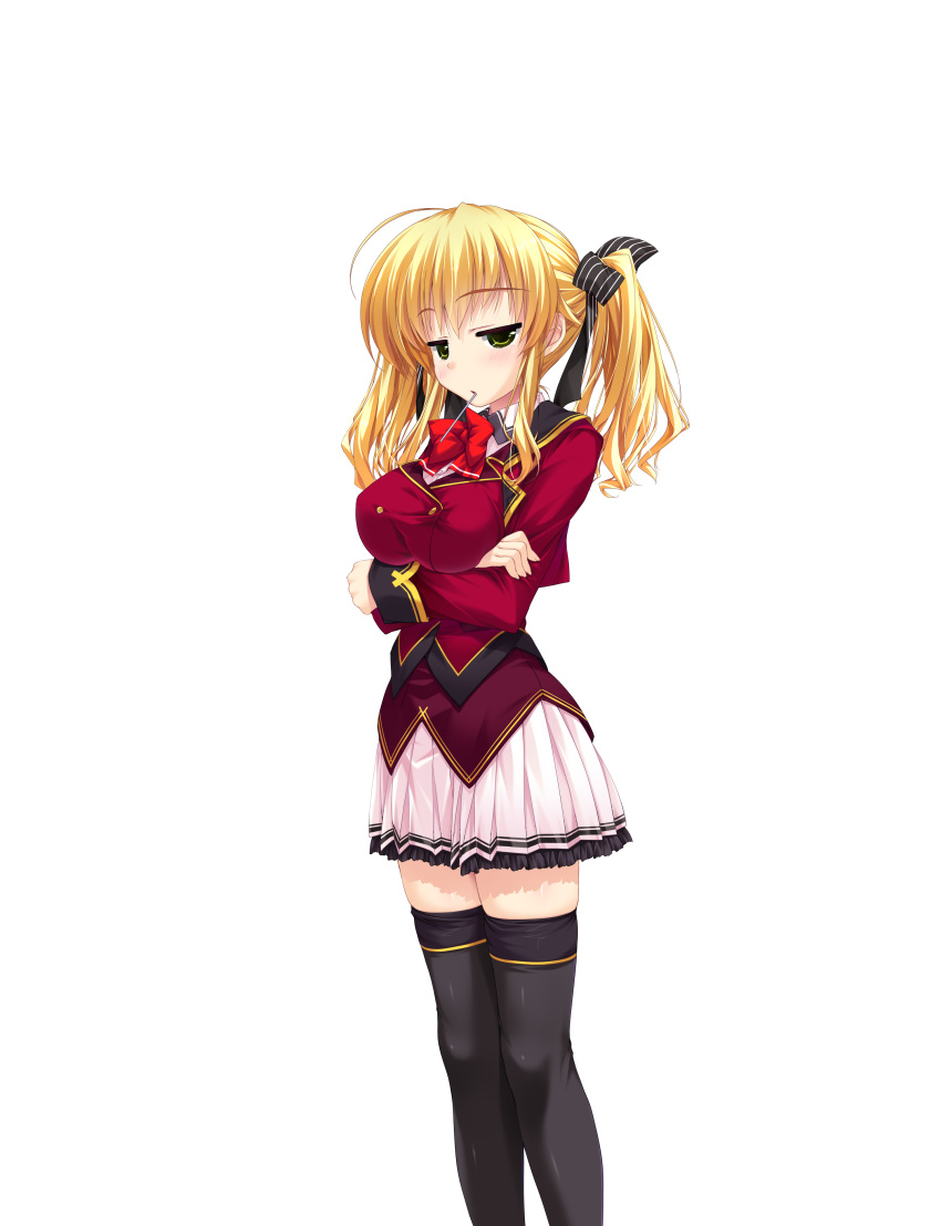 1girl, absurdres, black_legwear, blazer, blonde_hair, crossed_arms, green_eyes, highres