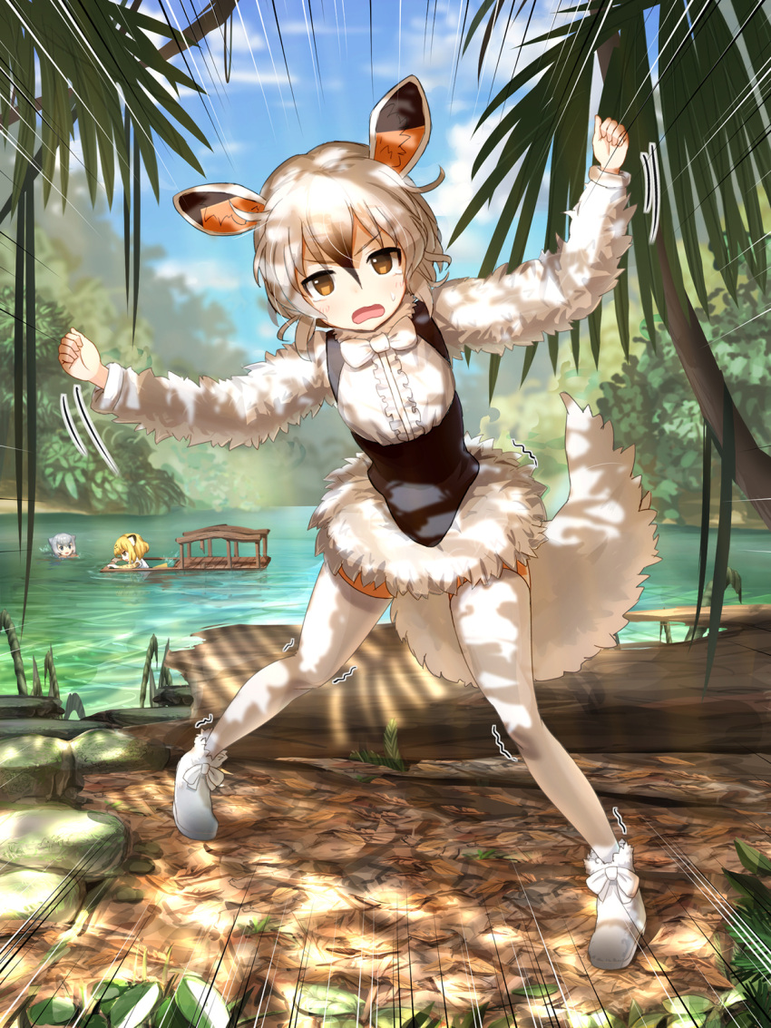 3girls, :d, animal_ears, ankle_boots, ayatarosu, blush, boots, bow