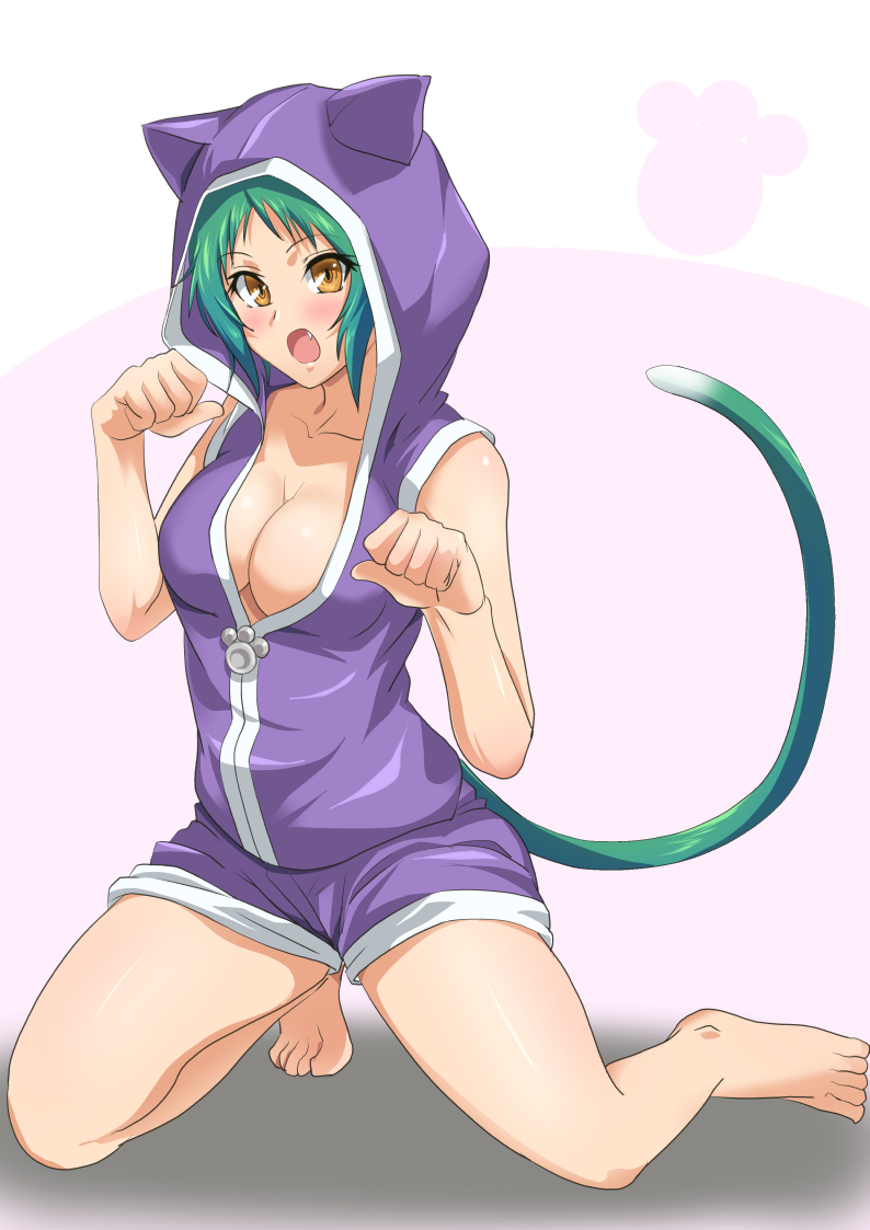 1girl, animal_ears, bare_arms, bare_legs, bare_shoulders, barefoot, blush, breasts