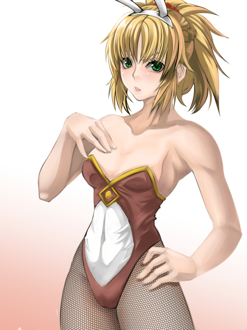 1girl, adapted_costume, animal_ears, blonde_hair, braid, bunnysuit, fate/grand_order, fate_(series)