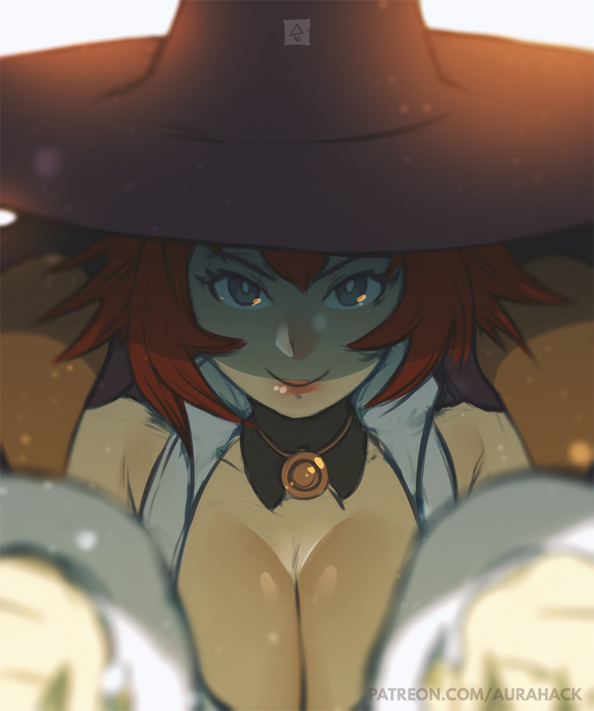 1girl, backlighting, blurry, breasts, cape, cleavage, depth_of_field, erica_june_lahaie