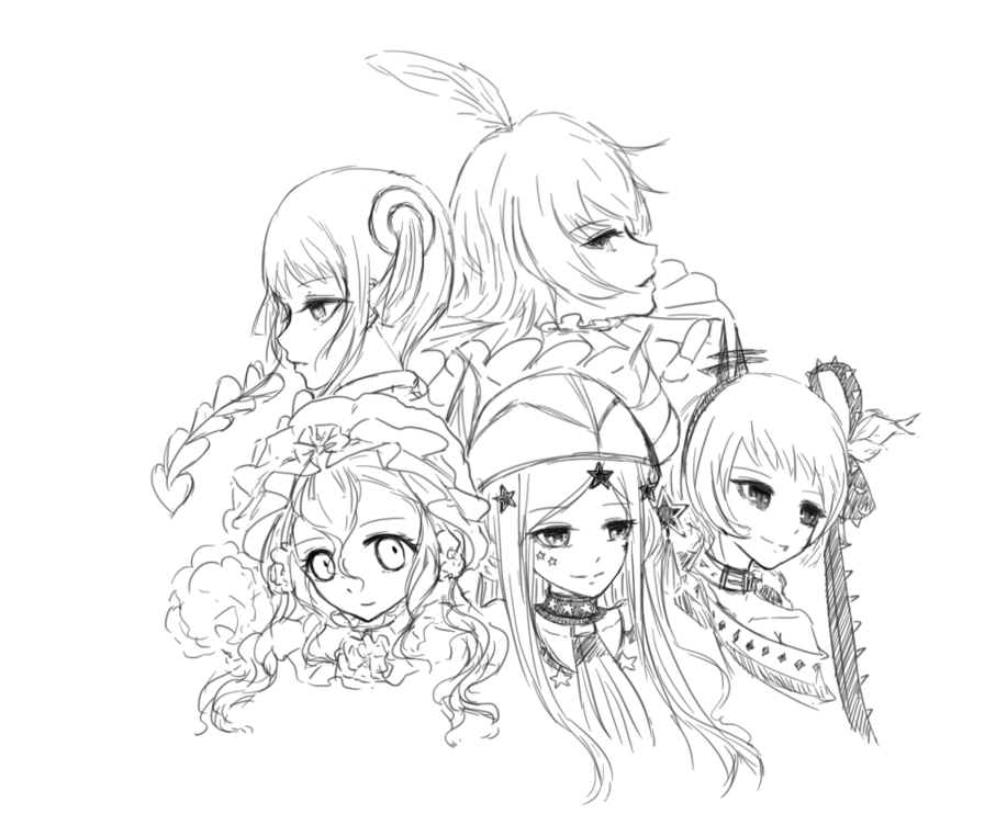 5girls, chenjuliushuang, choker, horns, mahou_shoujo_ikusei_keikaku, mahou_shoujo_ikusei_keikaku_limited, monochrome, multiple_girls