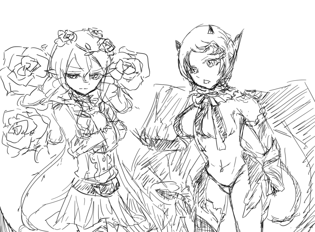 2girls, chenjuliushuang, cranberry_(mahoiku), flower, mahou_shoujo_ikusei_keikaku, maou_pam, monochrome, multiple_girls