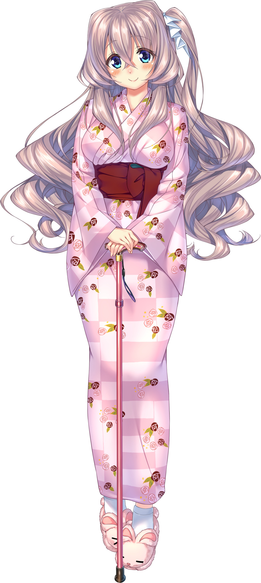 1girl, absurdres, amakano_~second_season~, animal_slippers, aqua_eyes, blush, bunny_slippers, cane