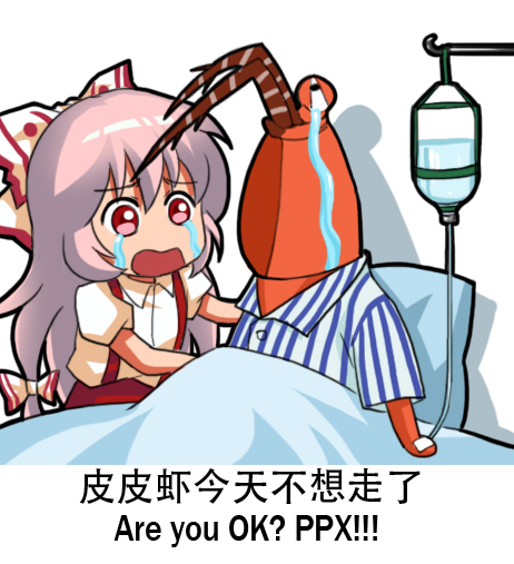 1girl, bow, chinese, crying, crying_with_eyes_open, dress_shirt, engrish, fujiwara_no_mokou