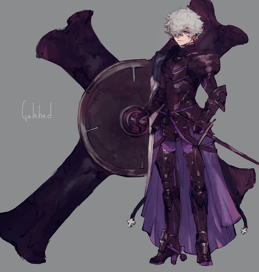 1boy, armor, boots, breastplate, cape, character_name, cross, curly_hair, fate/grand_order, fate_(series), faulds, full_armor, full_body, galahad, gauntlets, gorget, greaves, grey_background, hair_over_one_eye, hand_on_sword, high_heel_boots, high_heels, highres, holding_shield, irorigumi, knight, leg_armor, male_focus, messy_hair, original, oversized_object, pauldrons, plate_armor, purple_armor, purple_cape, scabbard, sheath, sheathed, shield, solo, sword, violet_eyes, waist_cape, weapon, what_if, white_hair