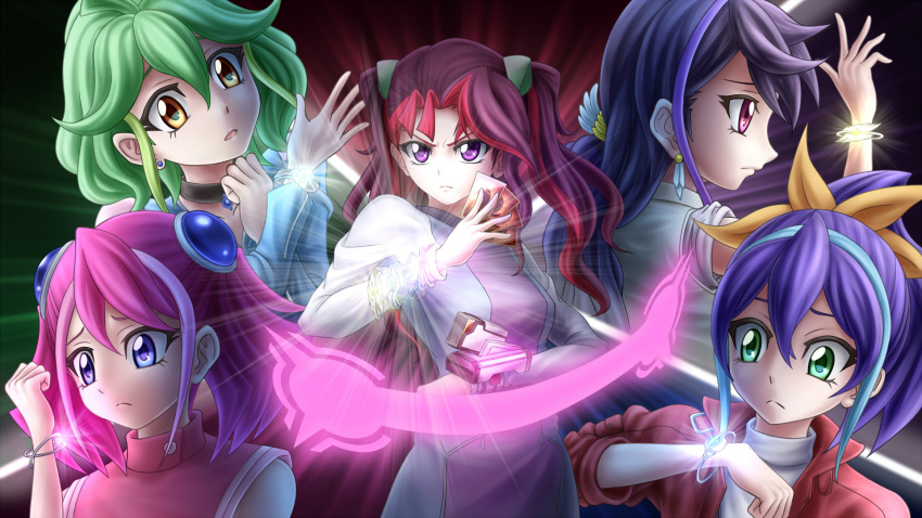 5girls, bracelet, bracelet_girls, card, duel_disk, gouyokunahimaji, highres, hiiragi_yuzu, jewelry, kurosaki_ruri, multiple_girls, multiple_persona, ray_(yuu-gi-ou_arc-v), rin_(yuu-gi-ou_arc-v), serena_(yuu-gi-ou_arc-v), twintails, yu-gi-oh!, yuu-gi-ou_arc-v