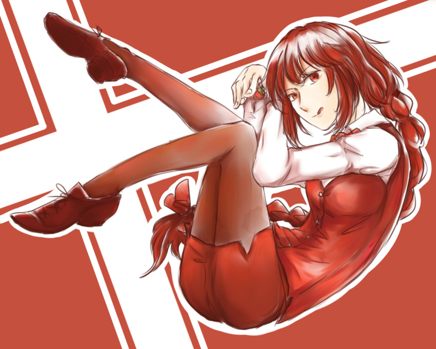 1girl, boned-woo, bow, bowtie, braid, cross, food, fruit