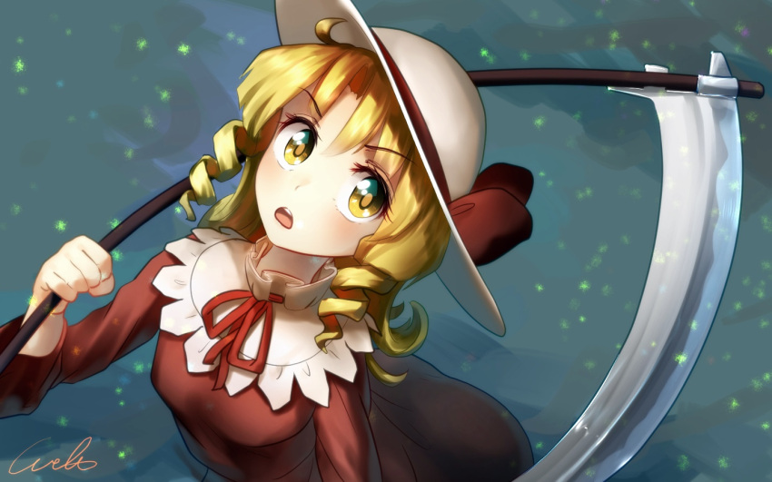 1girl, blonde_hair, dress, drill_hair, elly, hat, looking_at_viewer, open_mouth