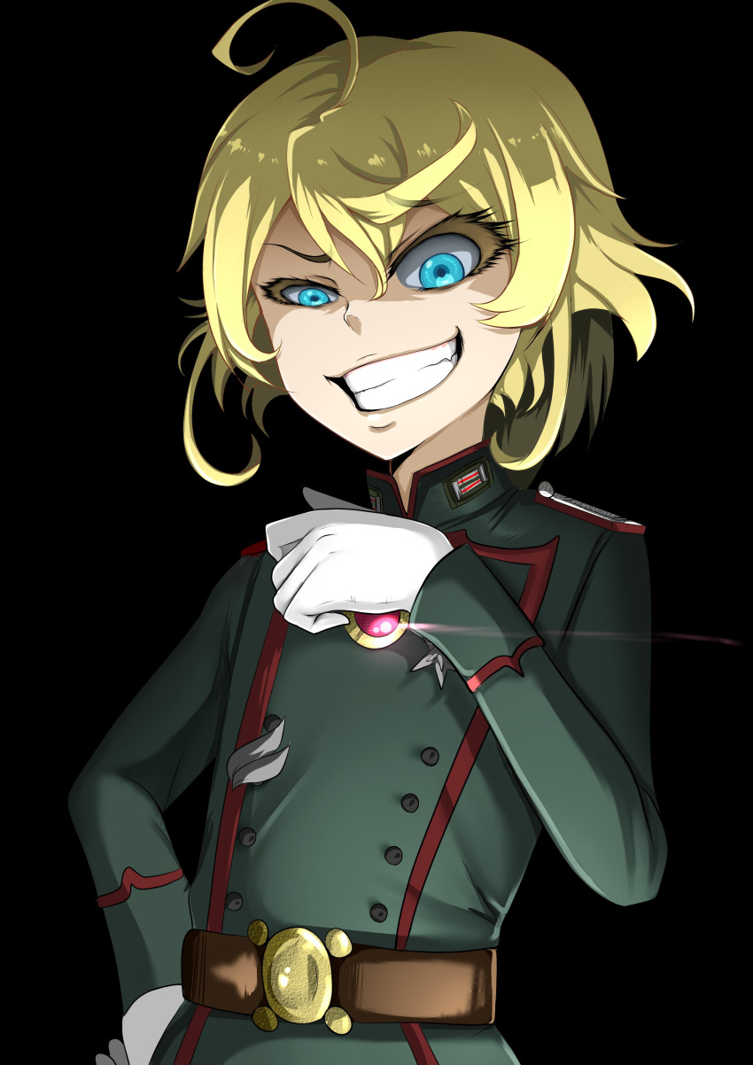 1girl, :d, absurdres, ahoge, badge, bangs, belt, belt_buckle
