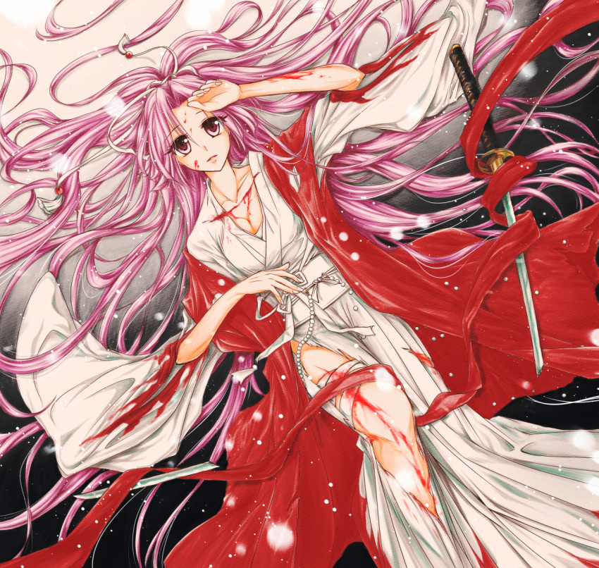 1girl, beads, blood, broken, broken_sword, broken_weapon, hair_ribbon, hakama