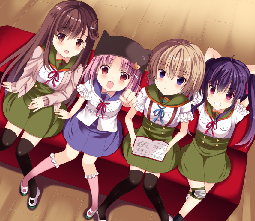 4girls, :d, arms_behind_head, bear_hair_ornament, blonde_hair, blue_eyes, blush, book
